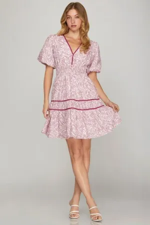 She   Sky Full Size Printed V-Neck Puff Sleeve Tiered Dress Plus Size