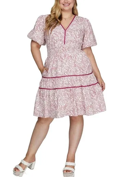 She   Sky Full Size Printed V-Neck Puff Sleeve Tiered Dress Plus Size