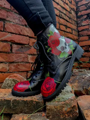 Skull-Rose Black Ankle Flat Combat Boots