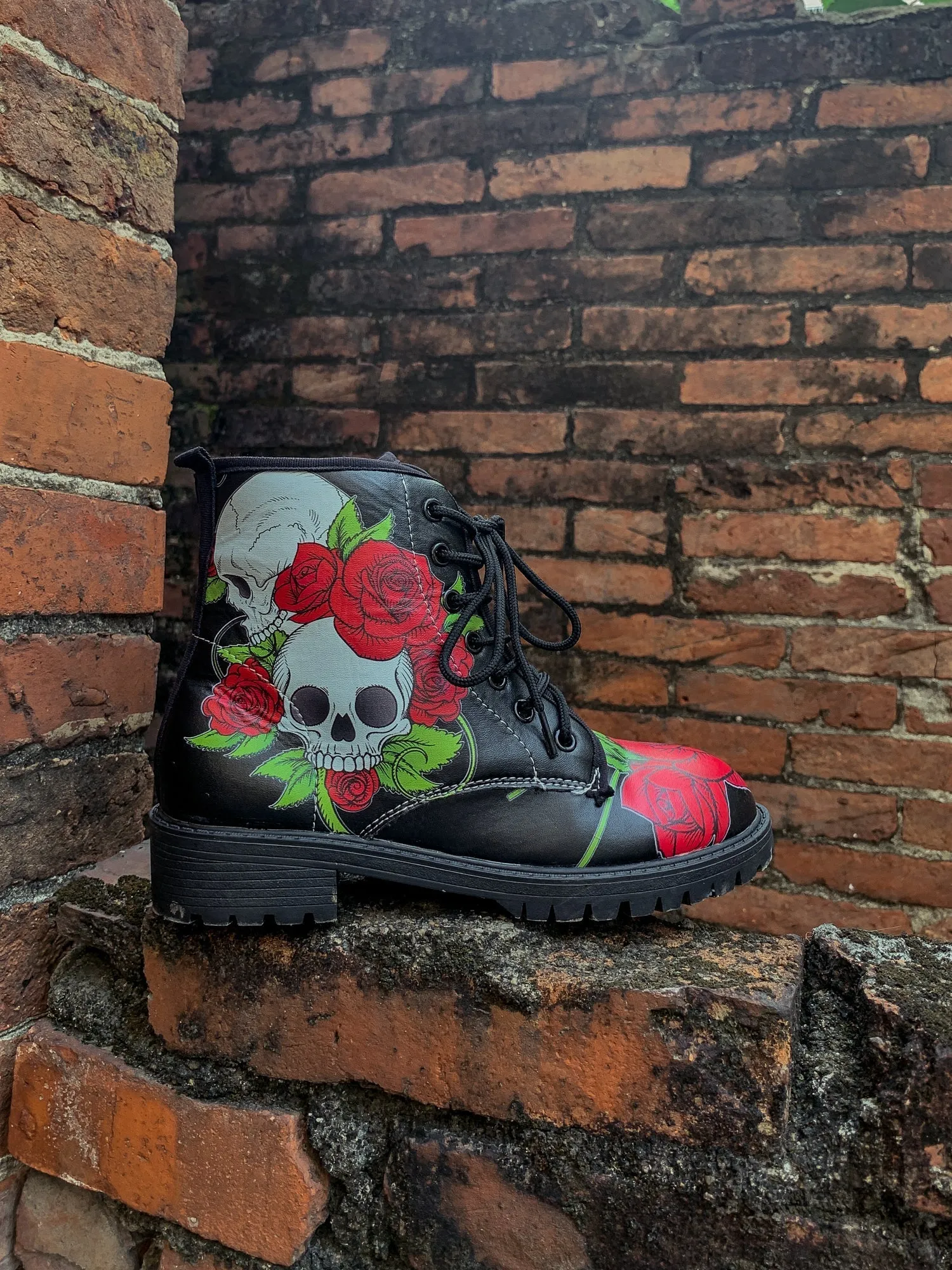 Skull-Rose Black Ankle Flat Combat Boots