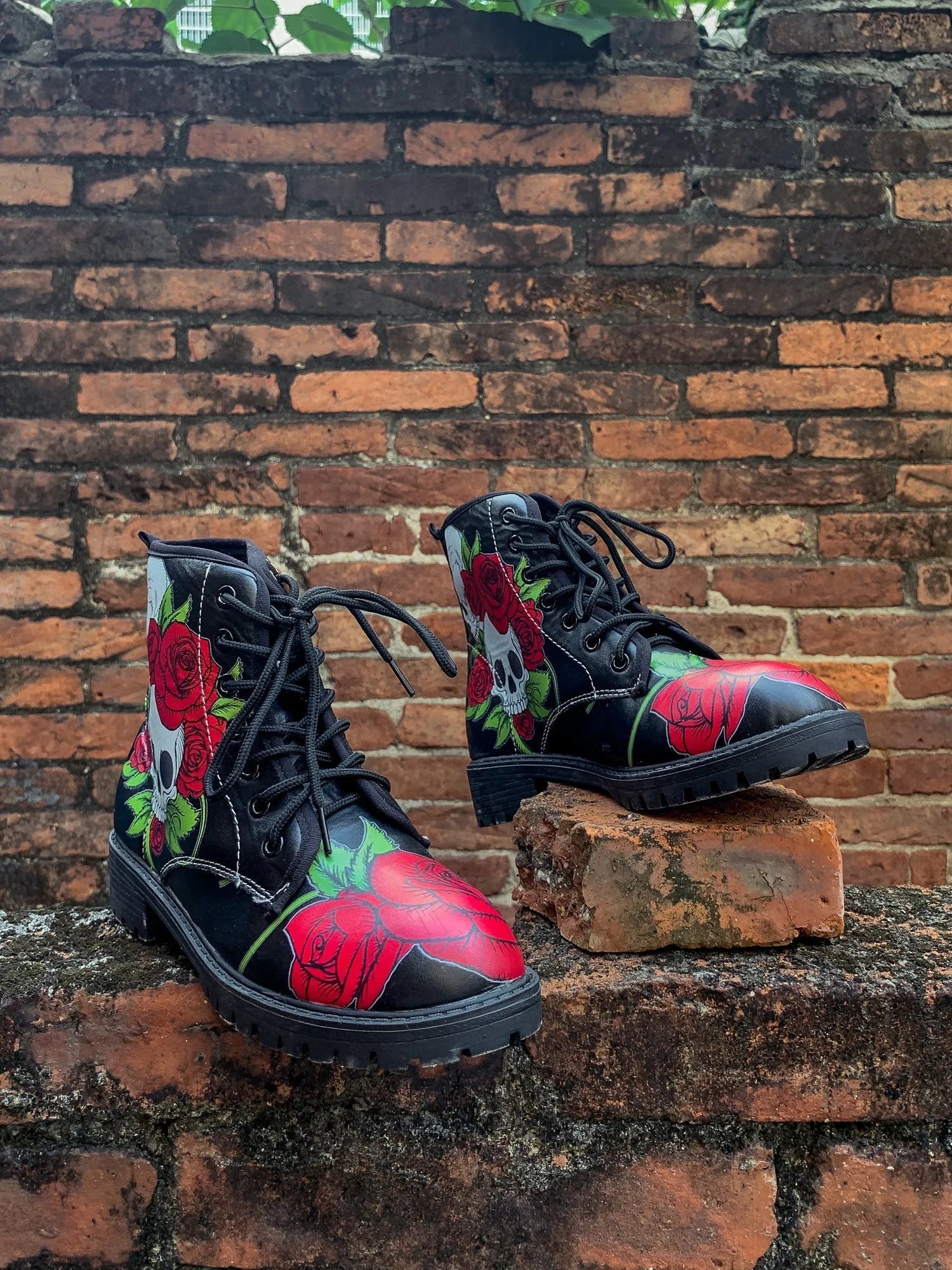 Skull-Rose Black Ankle Flat Combat Boots