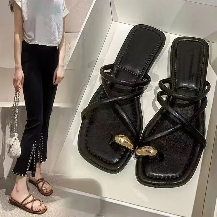 Slipper Flat Heel Roman Shoes - Low Heel Sandals, Open Toe Gladiator Footwear for Women, Summer Beach Sandals