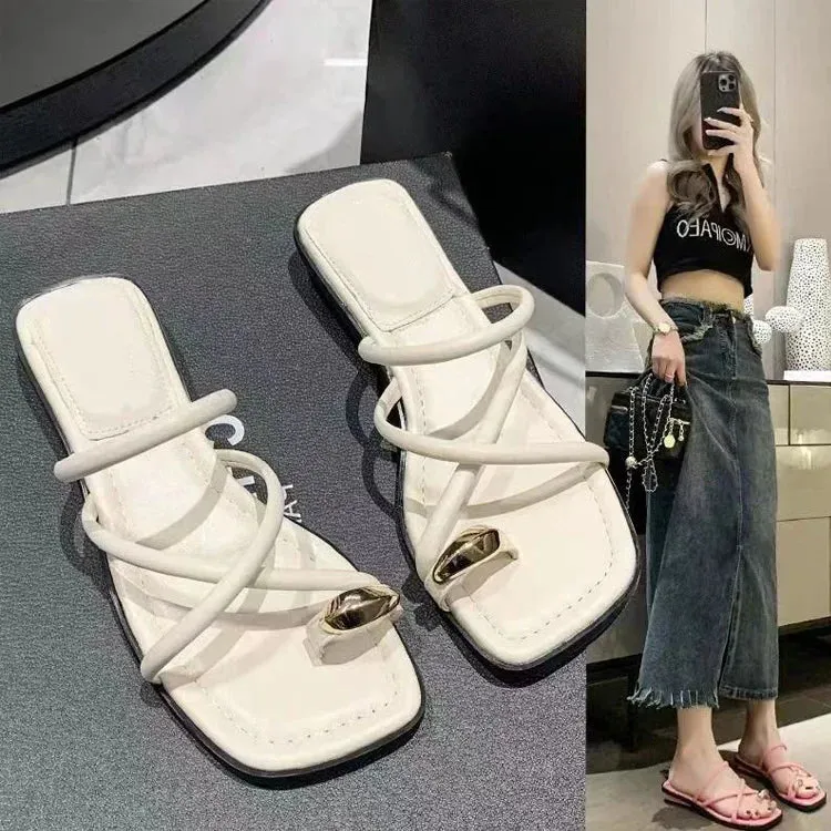 Slipper Flat Heel Roman Shoes - Low Heel Sandals, Open Toe Gladiator Footwear for Women, Summer Beach Sandals