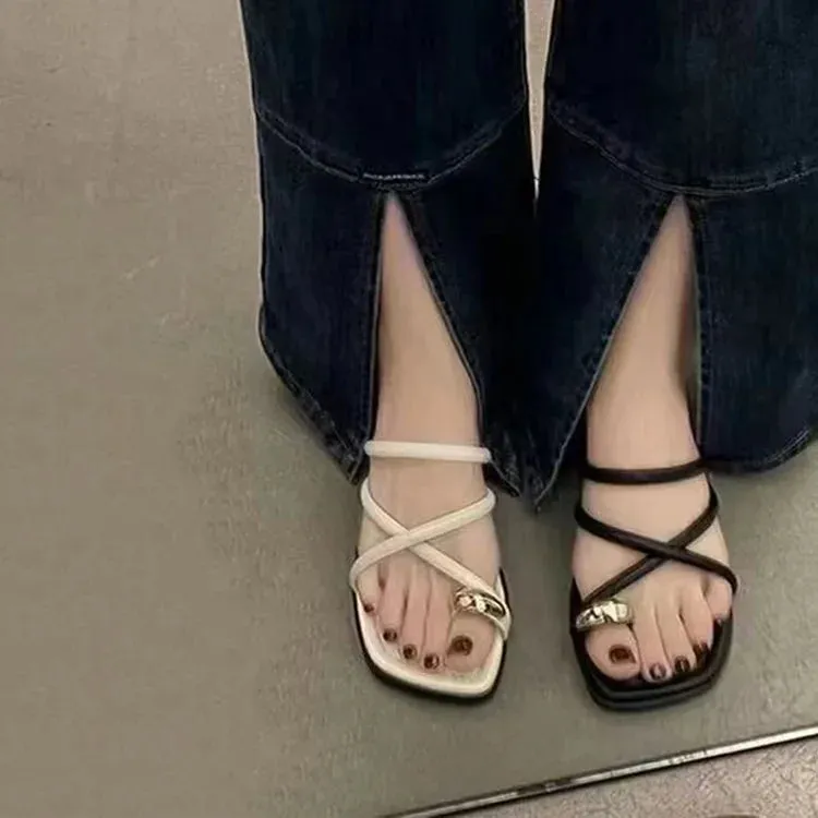 Slipper Flat Heel Roman Shoes - Low Heel Sandals, Open Toe Gladiator Footwear for Women, Summer Beach Sandals