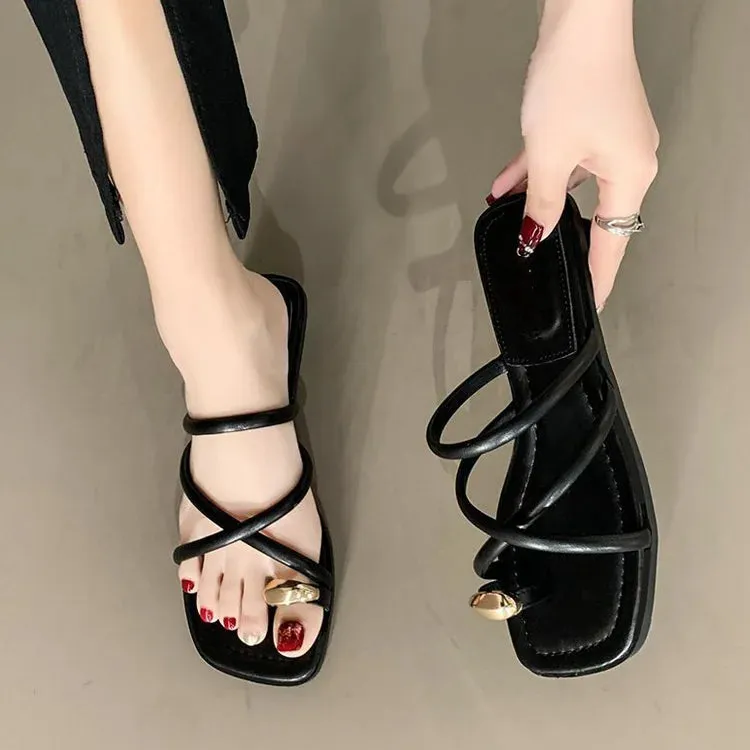 Slipper Flat Heel Roman Shoes - Low Heel Sandals, Open Toe Gladiator Footwear for Women, Summer Beach Sandals