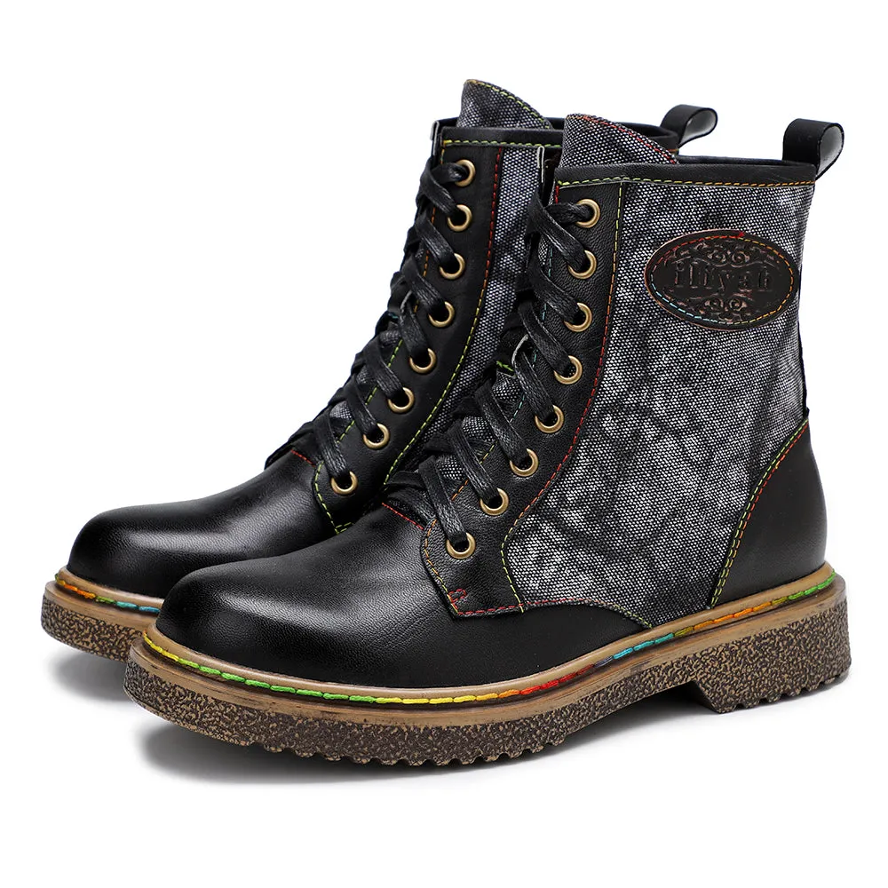 Tie Dye-Contrast Genuine Leather Combat Boots Ankle Boots - Soffia