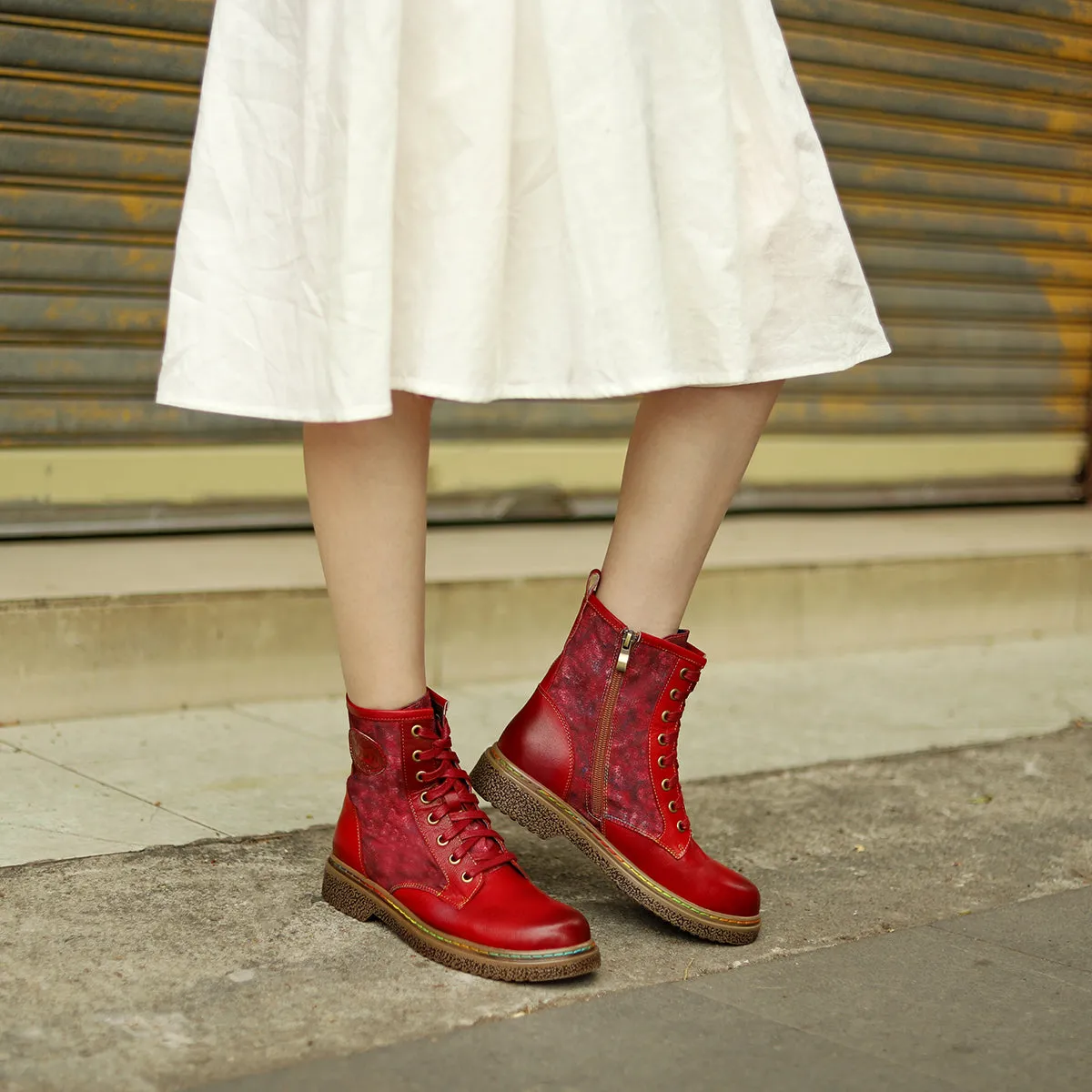 Tie Dye-Contrast Genuine Leather Combat Boots Ankle Boots - Soffia