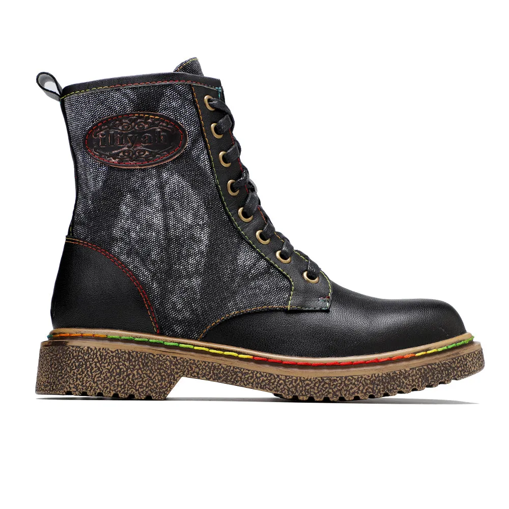 Tie Dye-Contrast Genuine Leather Combat Boots Ankle Boots - Soffia