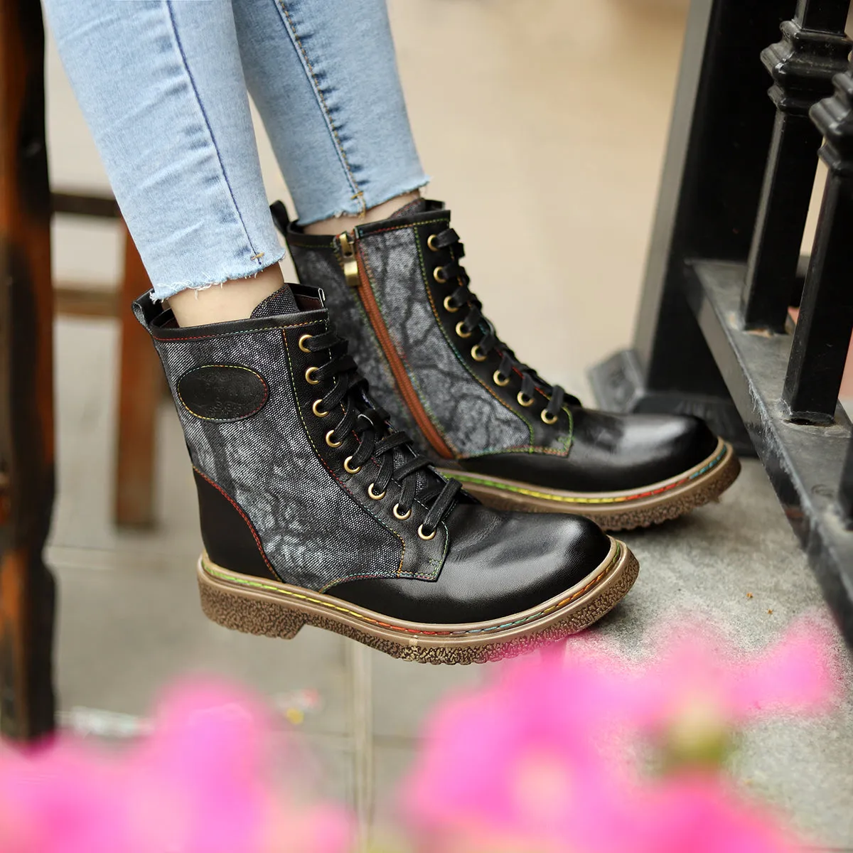 Tie Dye-Contrast Genuine Leather Combat Boots Ankle Boots - Soffia
