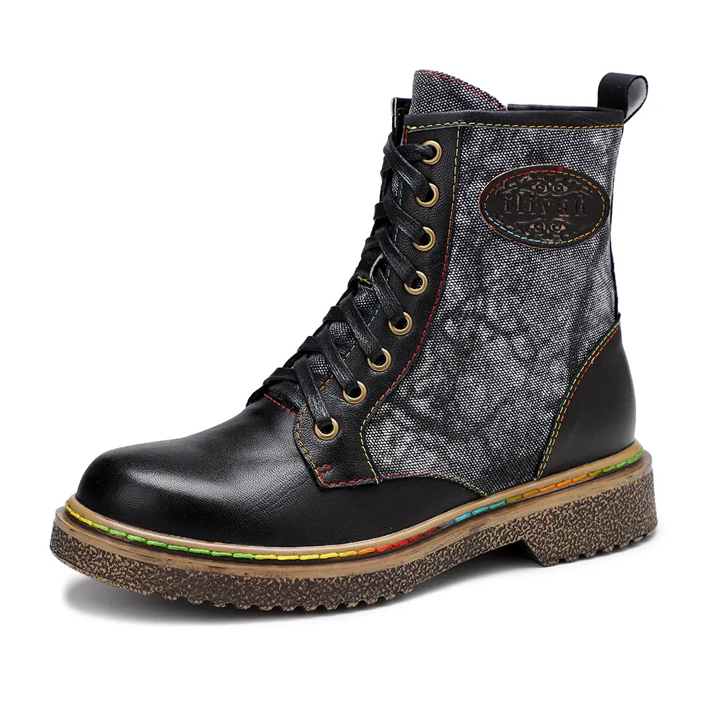 Tie Dye-Contrast Genuine Leather Combat Boots Ankle Boots - Soffia