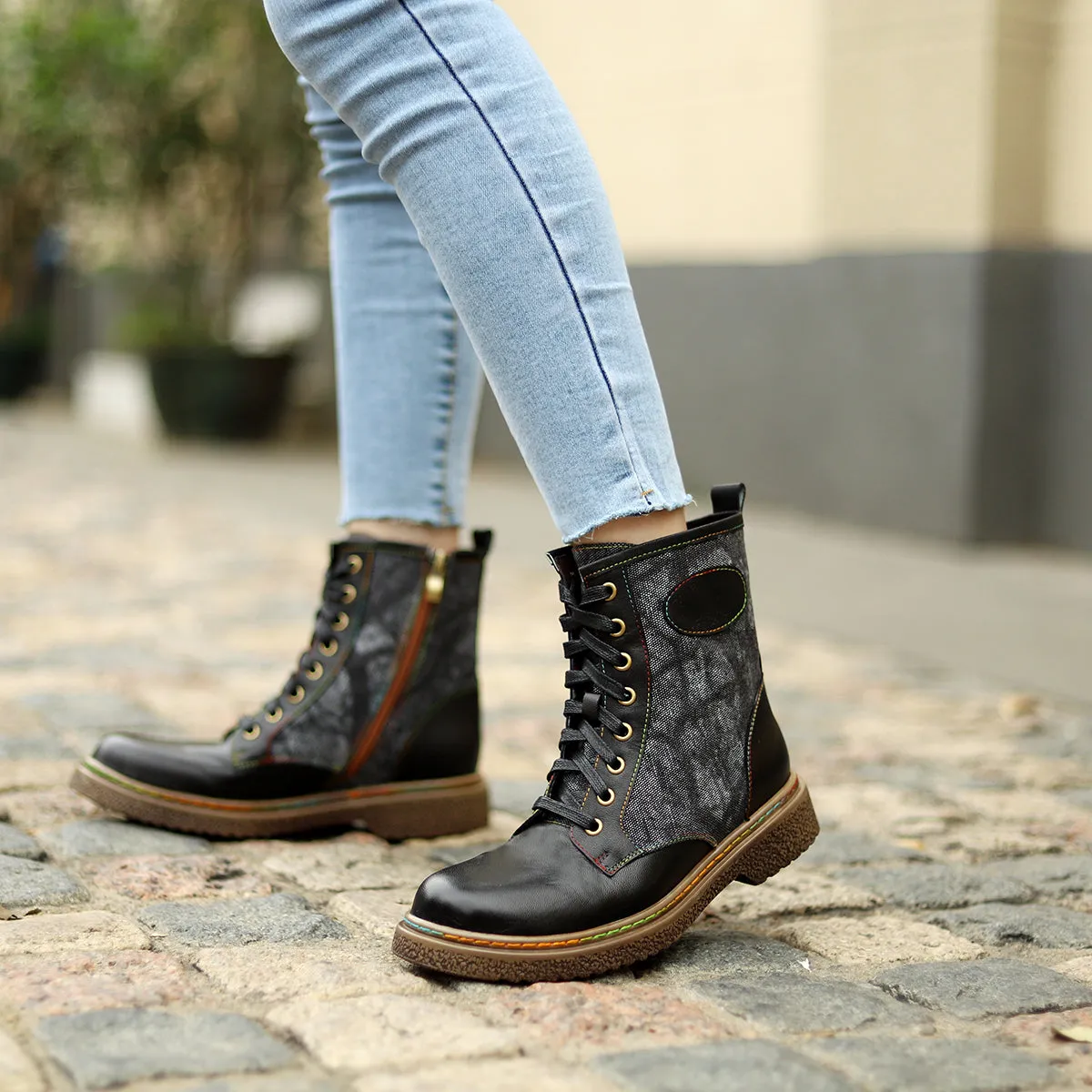 Tie Dye-Contrast Genuine Leather Combat Boots Ankle Boots - Soffia