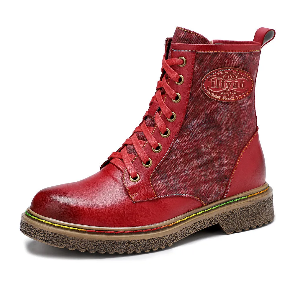 Tie Dye-Contrast Genuine Leather Combat Boots Ankle Boots - Soffia
