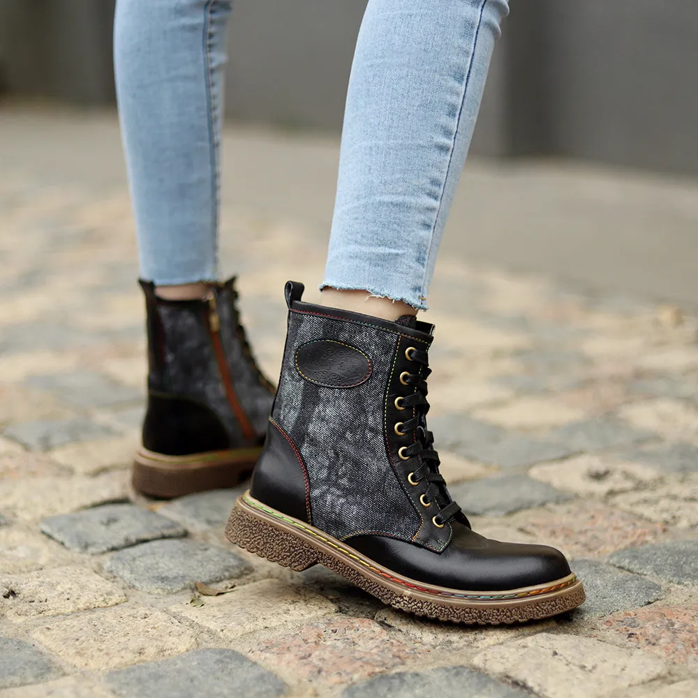 Tie Dye-Contrast Genuine Leather Combat Boots Ankle Boots - Soffia