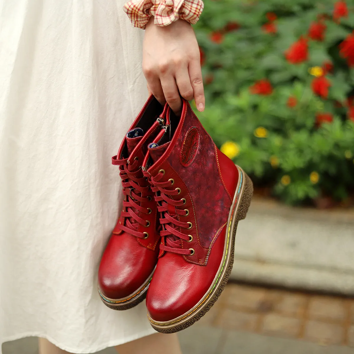 Tie Dye-Contrast Genuine Leather Combat Boots Ankle Boots - Soffia