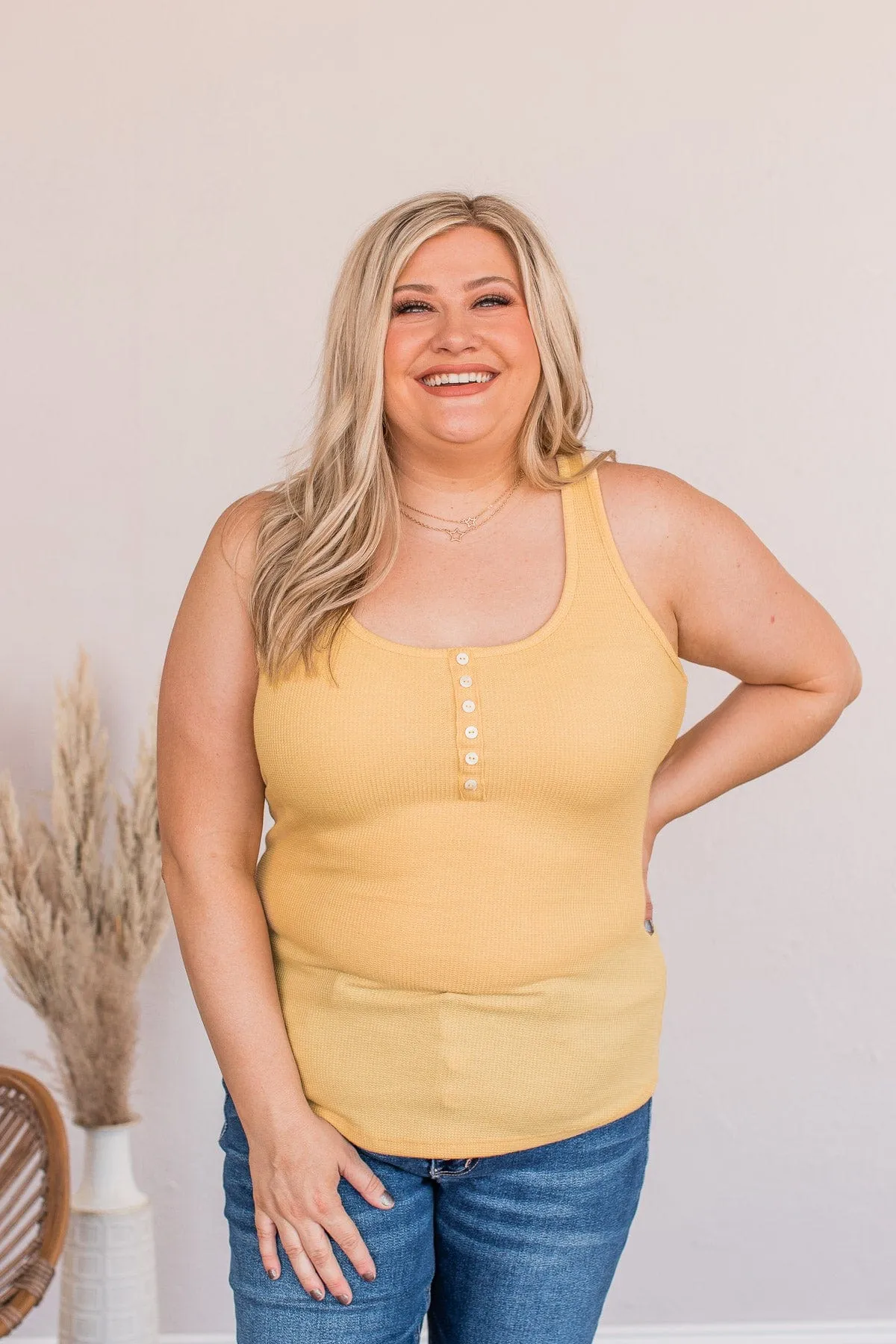 Tight Knit Love Button Tank- Mustard