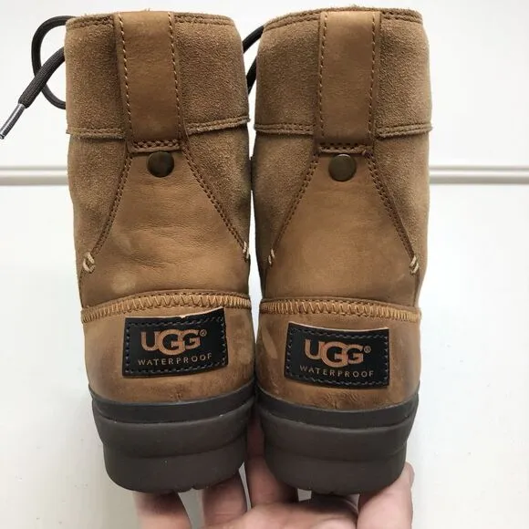 UGG Azaria Waterproof Duck Boots Women's 7 Chestnut Wool Lined Leather Suede