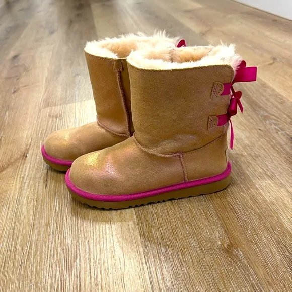UGG GIRL'S TODDLER YOUTH BAILEY BOW BOOTS GOLD GLITTER PINK BOWS