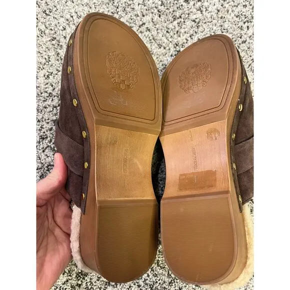 Vince Camuto Canzenee Brown Suede Leather Clogs, Women’s 7.5 Comfort Gold/Sherpa