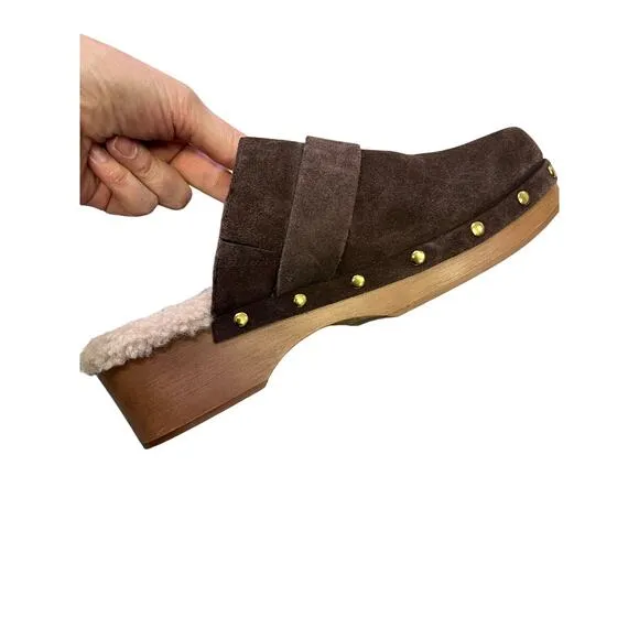 Vince Camuto Canzenee Brown Suede Leather Clogs, Women’s 7.5 Comfort Gold/Sherpa