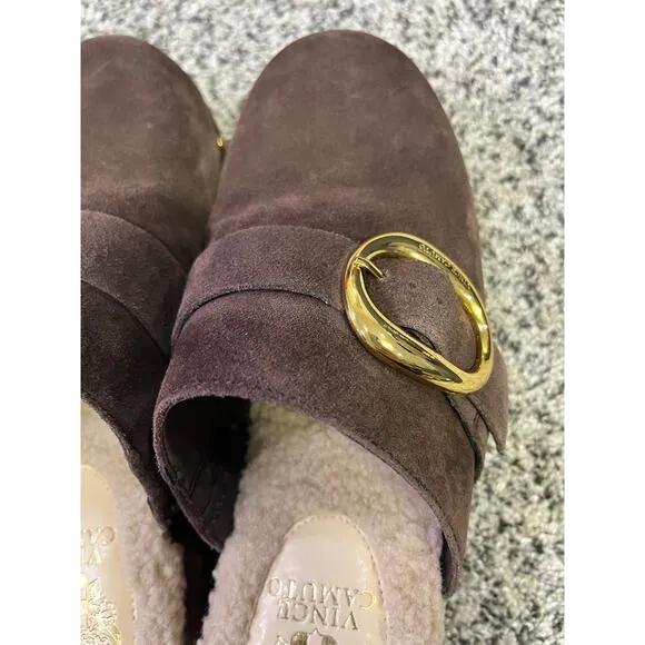 Vince Camuto Canzenee Brown Suede Leather Clogs, Women’s 7.5 Comfort Gold/Sherpa