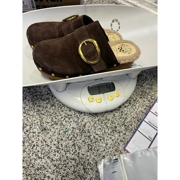Vince Camuto Canzenee Brown Suede Leather Clogs, Women’s 7.5 Comfort Gold/Sherpa