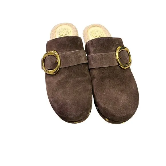 Vince Camuto Canzenee Brown Suede Leather Clogs, Women’s 7.5 Comfort Gold/Sherpa