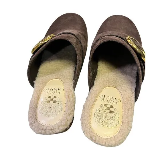Vince Camuto Canzenee Brown Suede Leather Clogs, Women’s 7.5 Comfort Gold/Sherpa