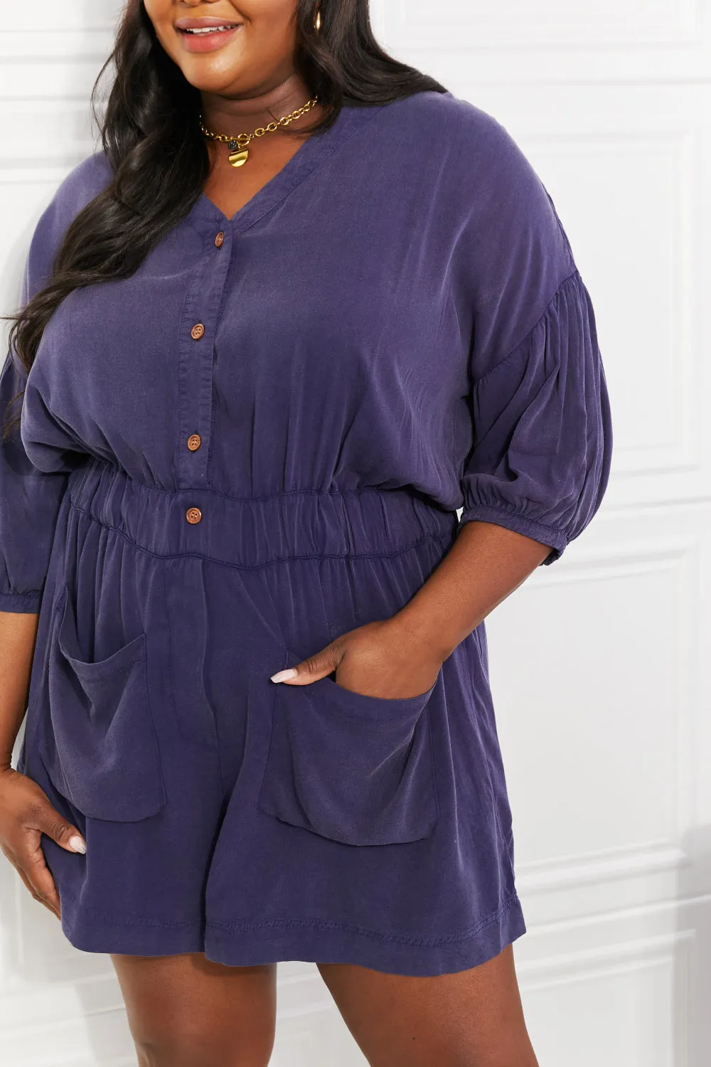 White Birch Play It Cool Three-Quarter Sleeve Romper in Blueberry