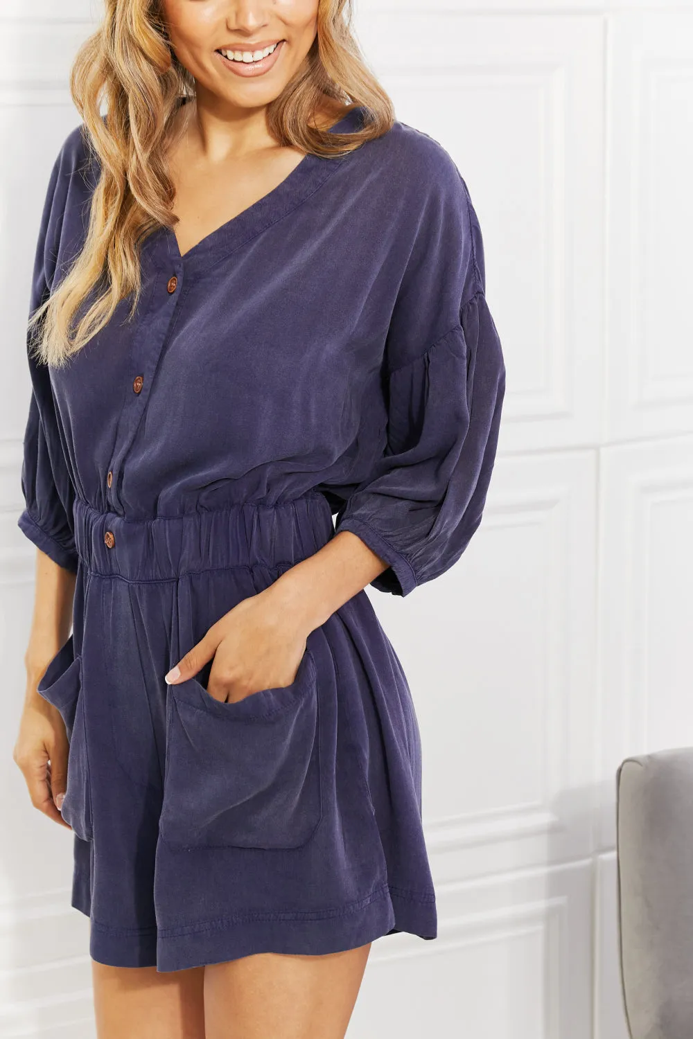 White Birch Play It Cool Three-Quarter Sleeve Romper in Blueberry