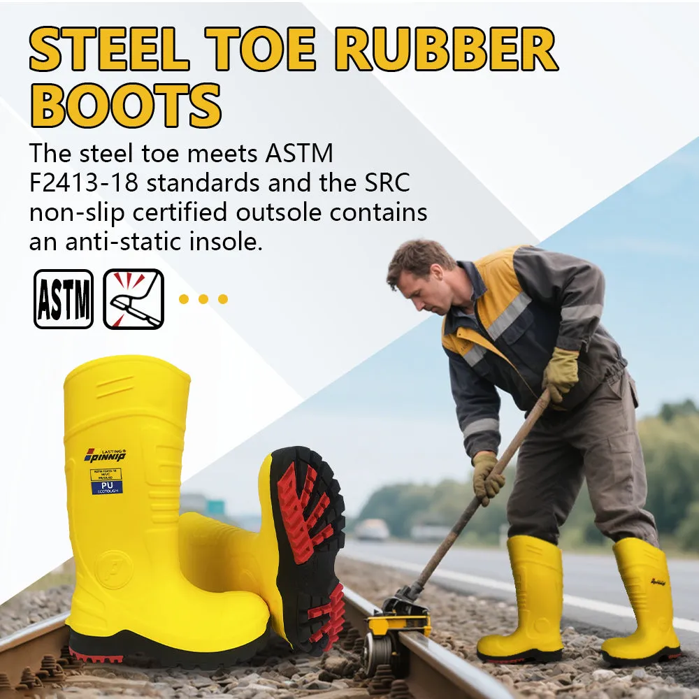 Women's Safety Boots - Waterproof PU Steel Toe Rubber Boots ASTM F2413-18 Acid & Oil Resistant-Yellow