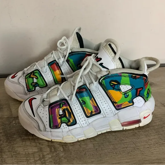 Youth NIKE Air More UPTEMPO Peace Love Swoosh WHITE Multi SNEAKERS Athletic SHOE