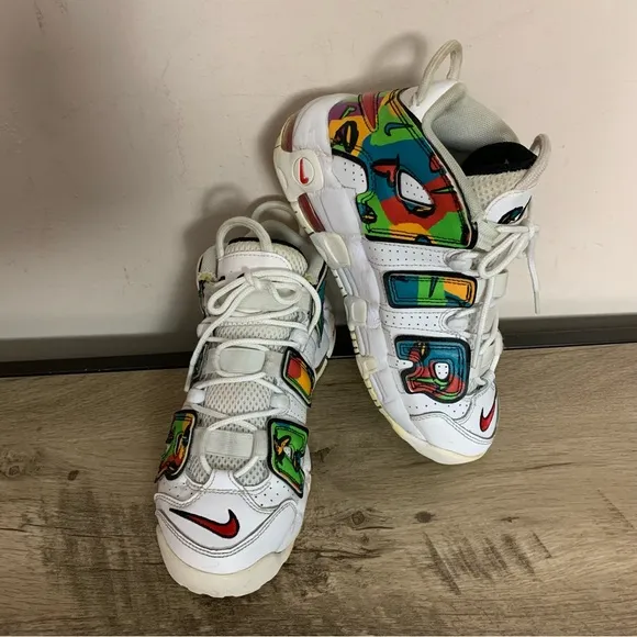 Youth NIKE Air More UPTEMPO Peace Love Swoosh WHITE Multi SNEAKERS Athletic SHOE