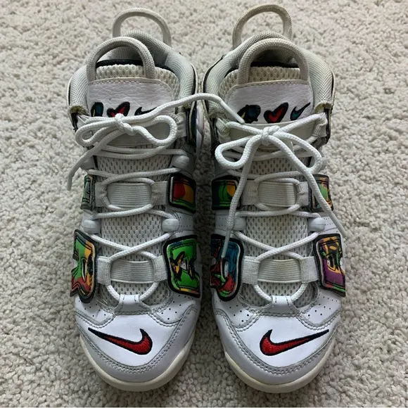 Youth NIKE Air More UPTEMPO Peace Love Swoosh WHITE Multi SNEAKERS Athletic SHOE